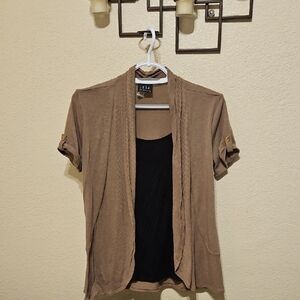 Elegant Women's Tan Cardigan with Black Layer